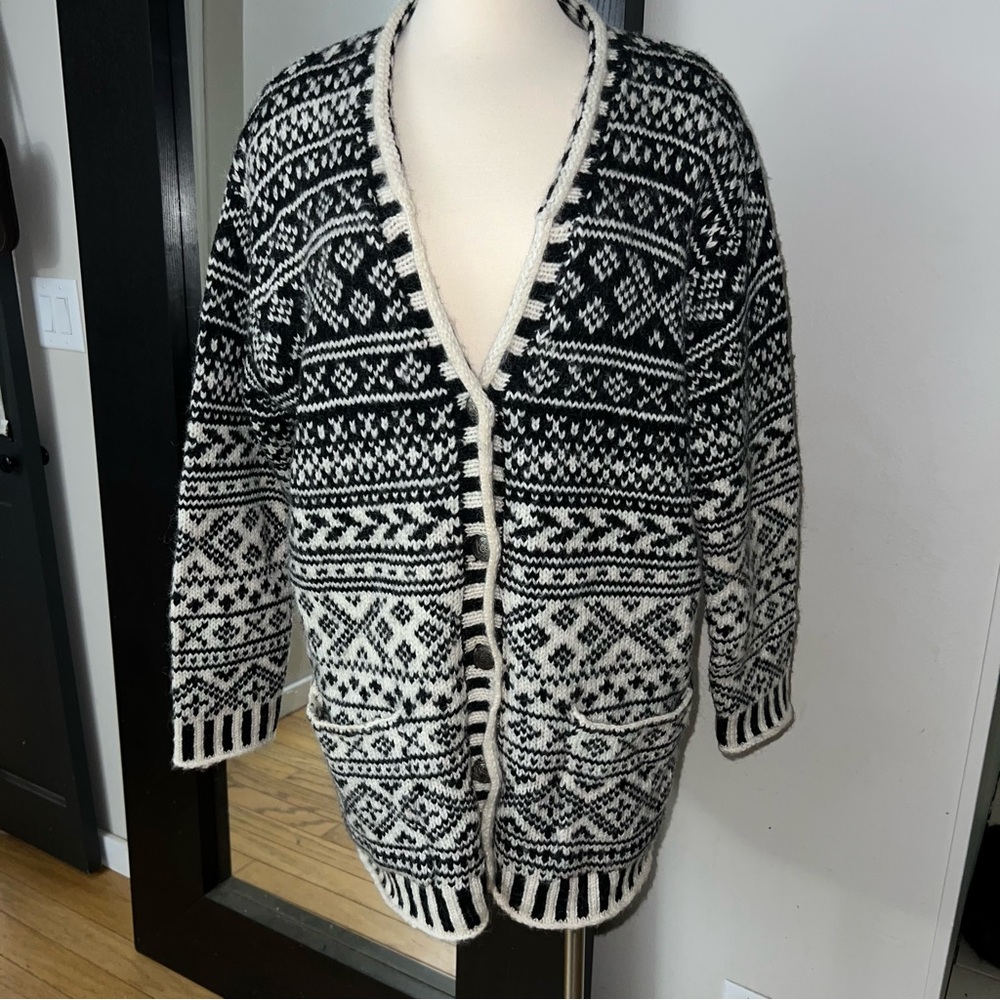 VTG Jones New York Wool Blend Fair Isle Shacket Cardigan  – Black & Cream Medium